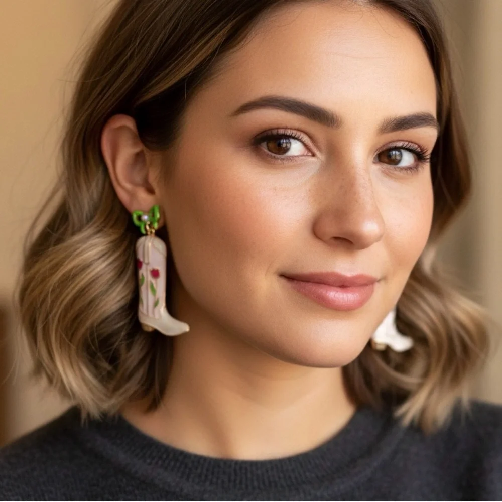2/$30🌵 White Cowboy Boots Flower Enamel Earrings Gold Tone Bow Western Cowgirl